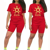 sunshine print t shirts and biker shorts set women two piece tracksuit casual summer streetwear outfits ropa deportiva mujer
