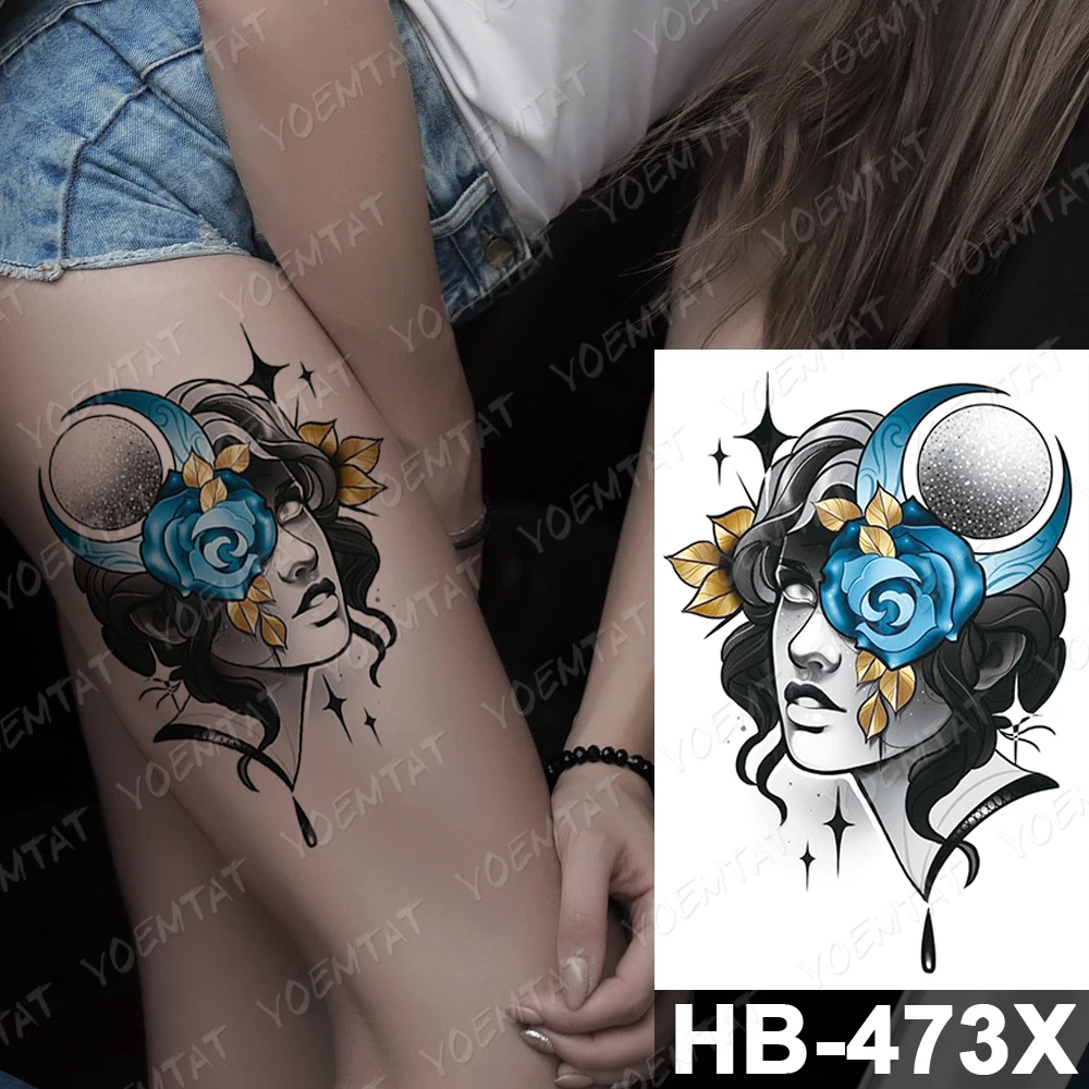 

Waterproof Temporary Tattoo Sticker Old School Flash Tattoos Cyan Feather Beauty Girl Portrait Body Art Arm Fake Tatoo Women Men