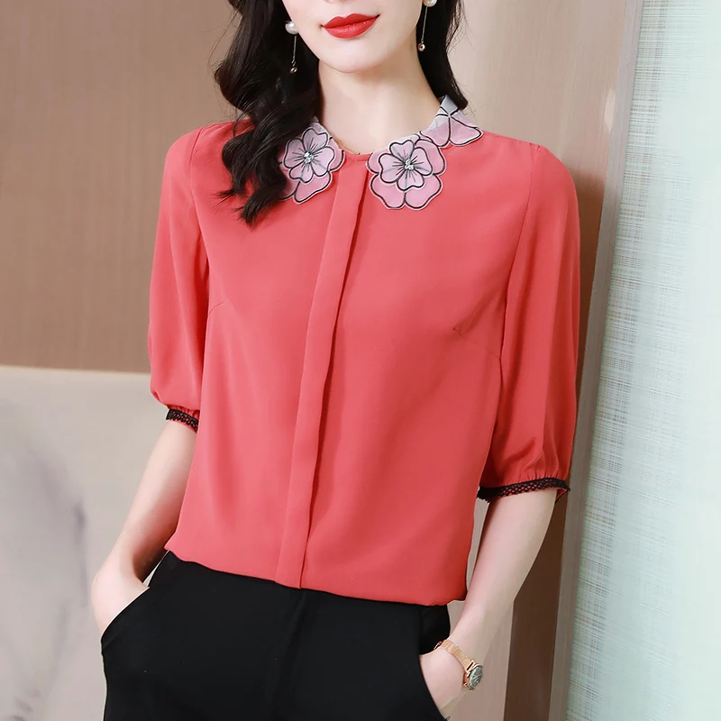 

Korean Women's Shirt Lace Blouse for Women Fashion Short Sleeve Pink Shirts Female O-neck Blouse Top Female Oversize Basic Shirt
