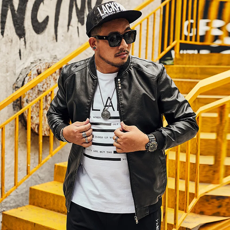

New arrival spring and autumn men's faux leather jacket casual style plus large size male PU jacket loose baseball uniform coat