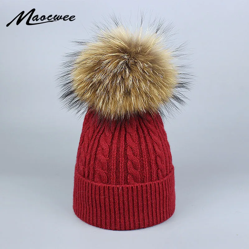 

Winter Real Fur Pompons Skullies Beanies Hat For Women Girls Wool Knitted Thick Cap To Keep Warm Outdoor Pom Crochet Slouch Hats