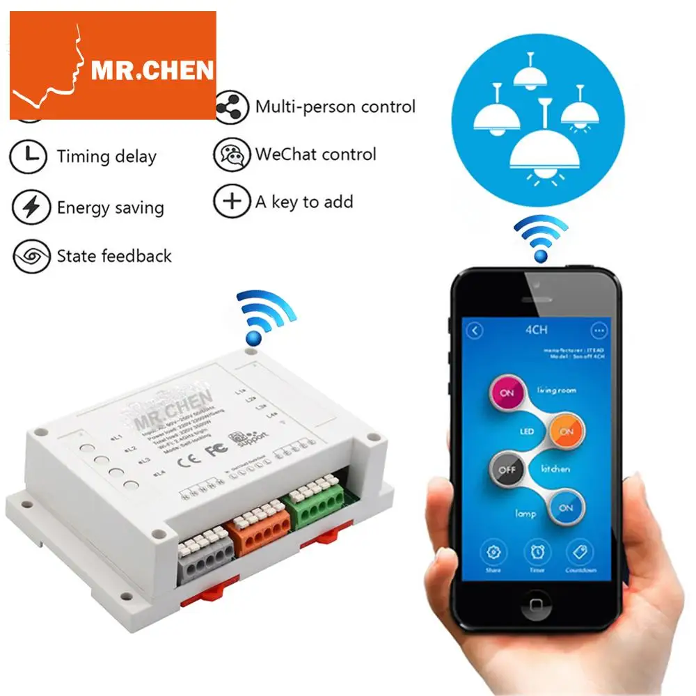 Timer App Remote Control Wifi Light Smart Switch Led Lamp 1500W/10A/Gang 4 Channels Electronic IOS Android Alexa Adjust | Лампы и