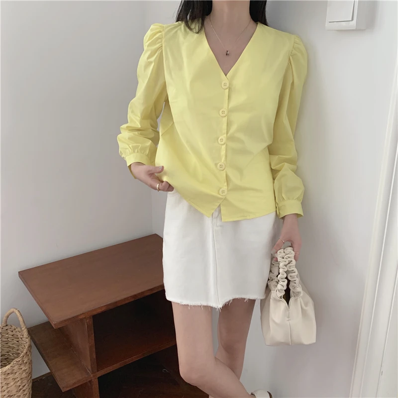 Женская винтажная рубашка COIGARSAM однобортная синяя и желтая с длинным рукавом