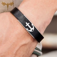 new arrival stainless steel anchor bracelets shackles black leather bracelet men sport wristband fashion jewelry