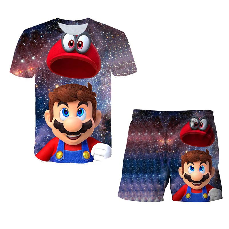 

POP Mario Summer T-shirt Tops Baby Boys Kids Fashion 3D Printed Game Funny Mario Costume o-neck Clothes Children's Sets tops