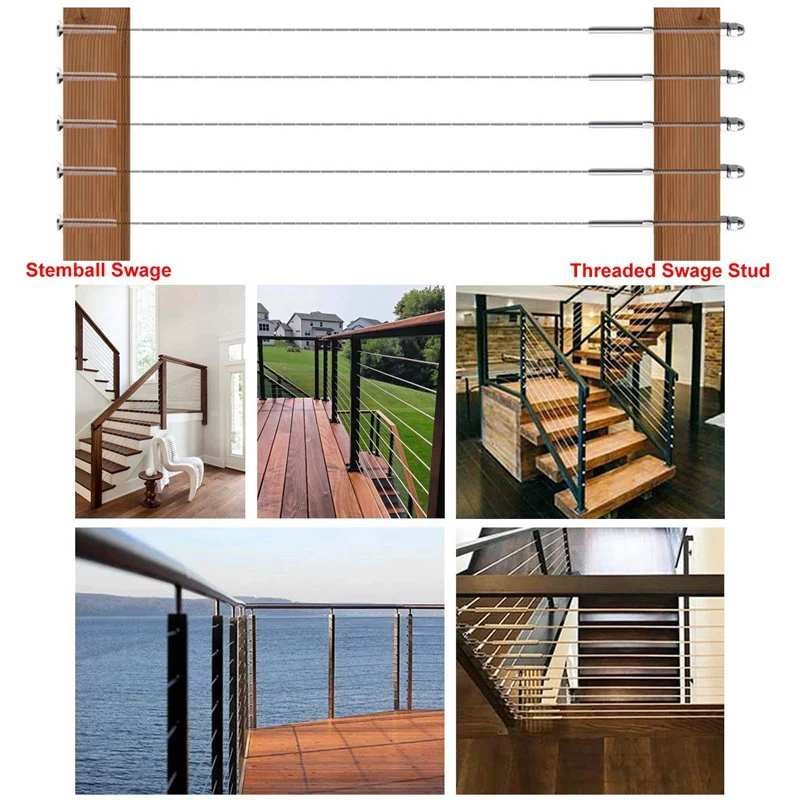 

Stemball Swages T316 Cable Railing Kit Threaded Swage Stud and Stemball Swage Fitting 1/8 Inch, Marine Grade Stainless Steel Sta