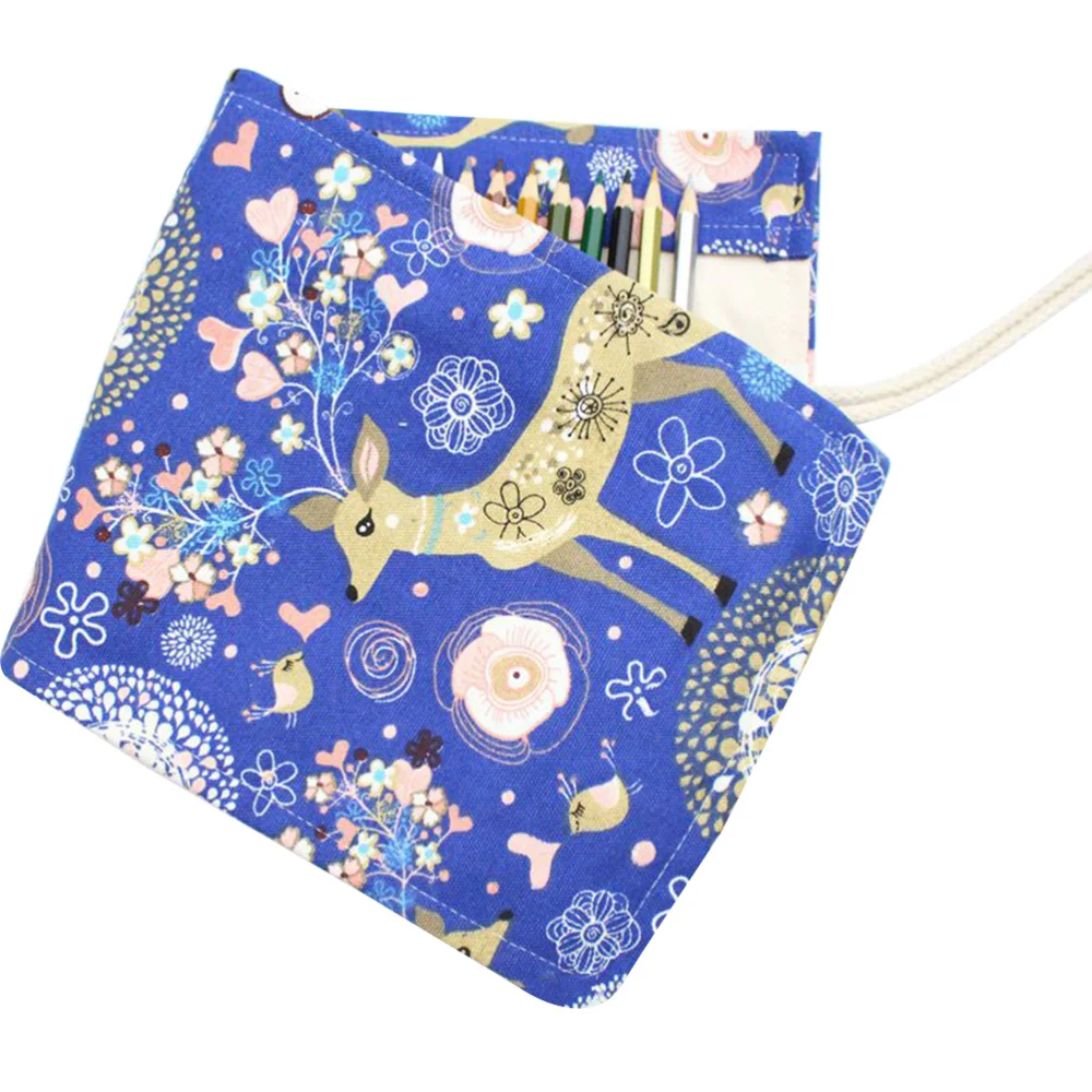 

Blue Deer Pattern Canvas Portable Knitting Rolling Pencil Roll Wrap Holder Pouch Case Storage Organizer With 48 Slots