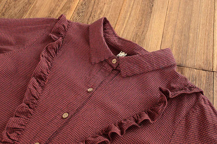 

6788 Autumn Women Loose Cotton Linen Ruffle Plaid Long Shirt Japan Style Mori Girl Turndown Collar Long Sleeve Plaid Shirt Tops