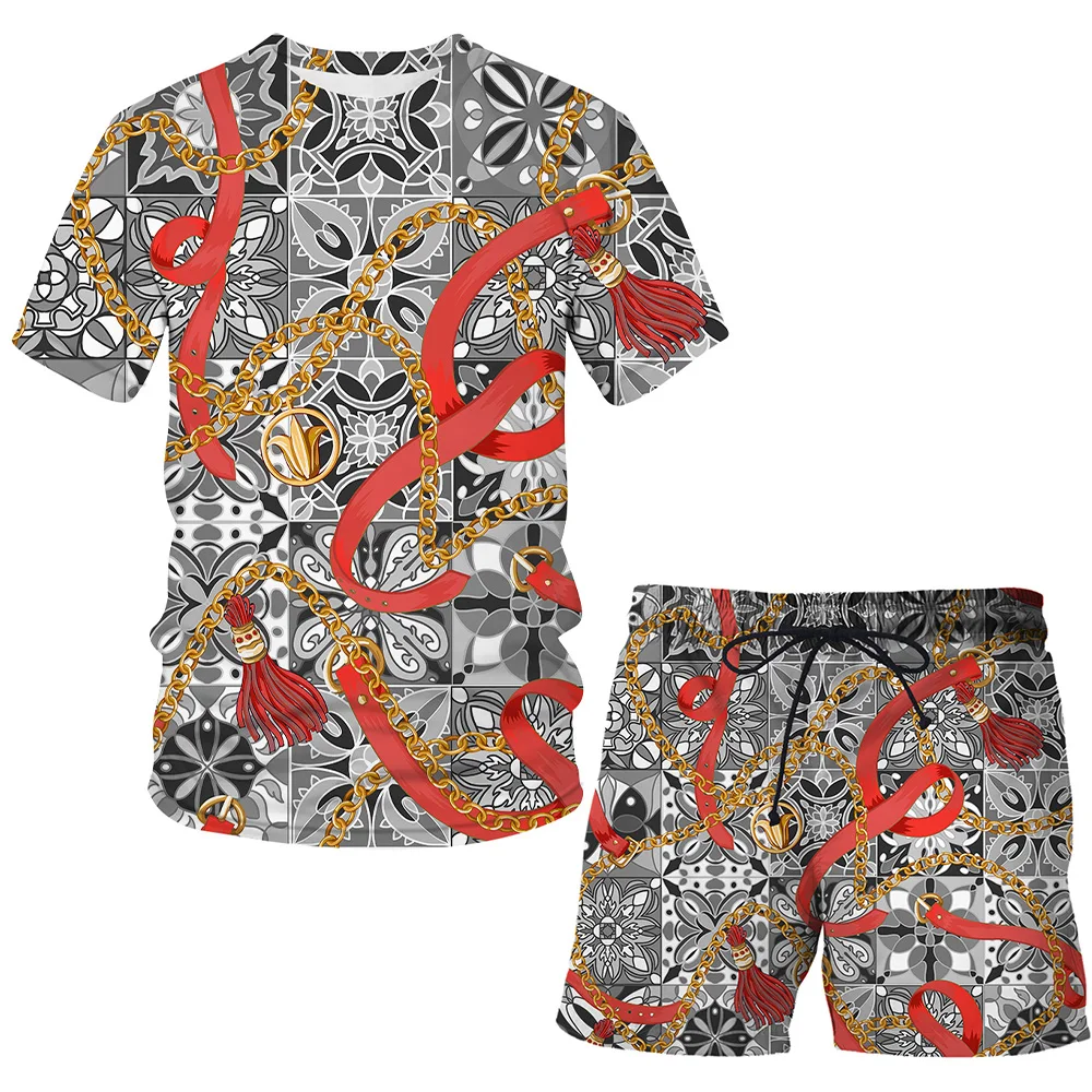 

2021 Luxury New 3D Iron chain Summer O-Neck Short-Sleeved T-Shirt/Shorts Mens Youth Casual Oversized Sports Suit Men clothing