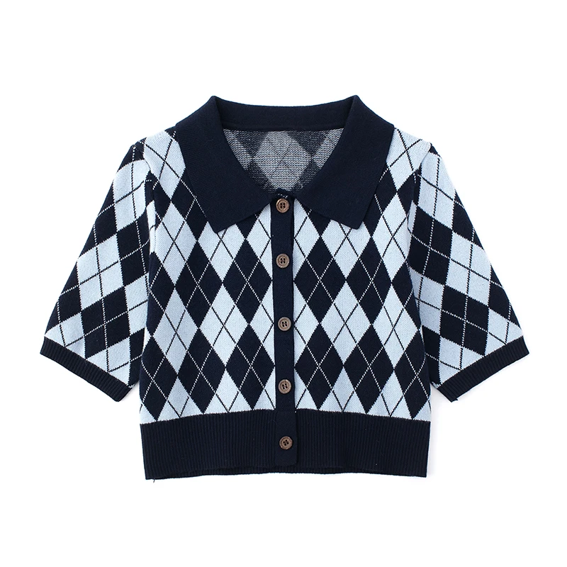 

Women Summer Knitted Crop Tops Argyle Embroidery Short Sleeve Turndown Collar T Shirts Preppy Style Ladies Girl Knit Clothes