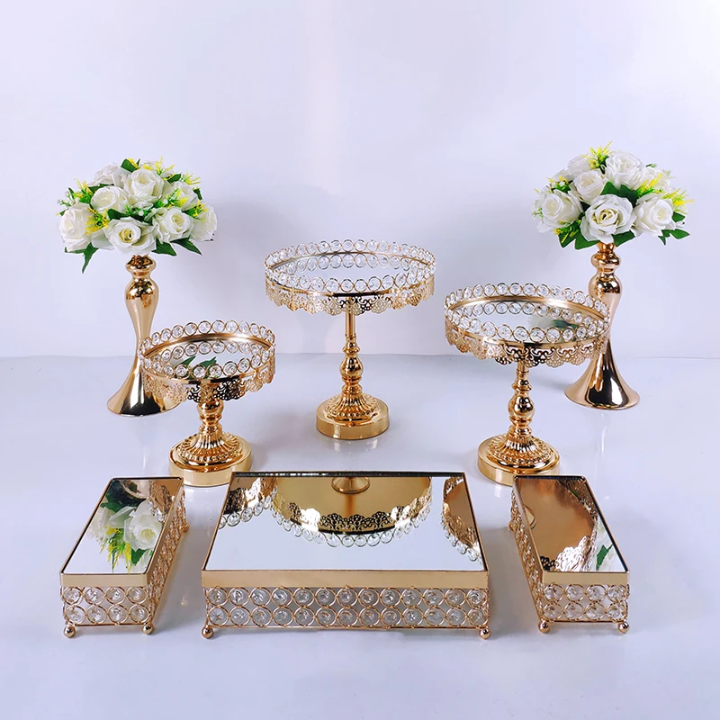 

8-15Pcs Gold Metal Cake Stand Set Round Wedding Birthday Party Dessert Acryl Mirror Cupcake Pedestal Display Plate Home Decor