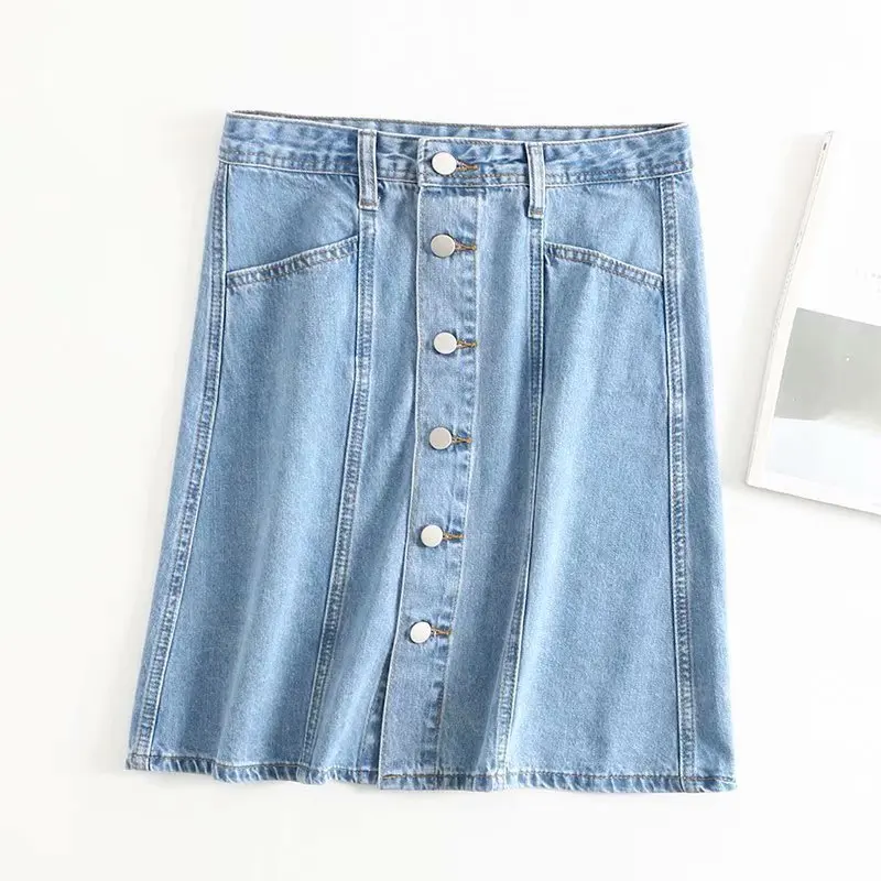 FICUSRONG Women Single-Breasted Jeans Skirts 2020 Summer Female Streetwear Cotton Knee-Length Natural Straight Solid Denim Skirt | Женская