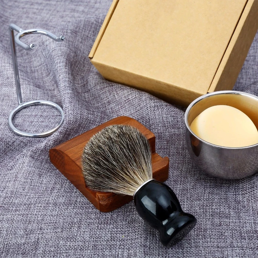 

Black Shaving Brush Set 4in1 Genuine Badger Shave Brush Wood Handle Stainless Steel Shaving Stand and Bowl with Soap
