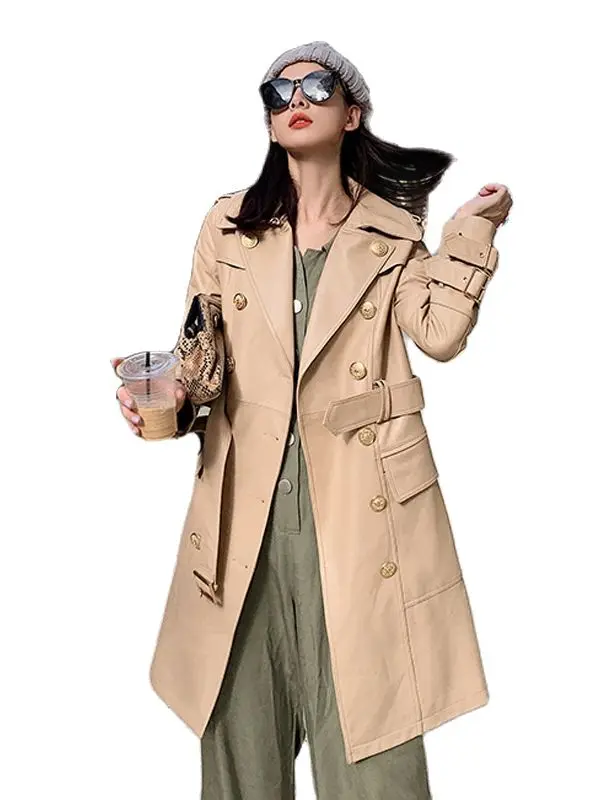 Abrigo largo de piel de oveja para mujer, chaqueta de doble botonadura, geunina, cortavientos de cuero, cinturón