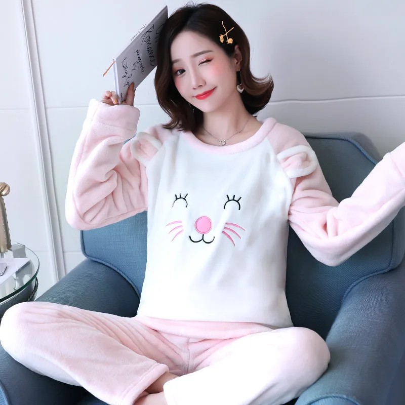 Женские Фланелевые Пижамные комплекты теплые пижамные костюмы с мультяшными