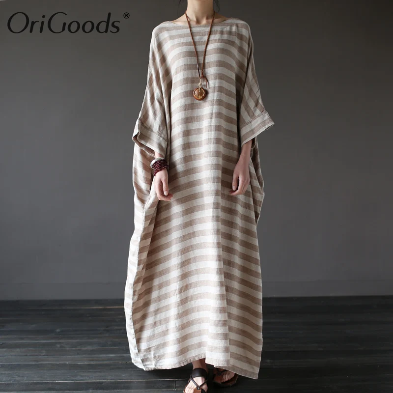 Женское длинное платье в полоску OriGoods хлопково-льняное стиле оверсайз