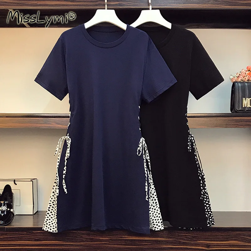 

4XL Plus Size Women Cotton Tshirt Dress Summer 2021 Short Sleeve Patchwork Chiffon Print Lace Up Loose Casual A-Line Dresses