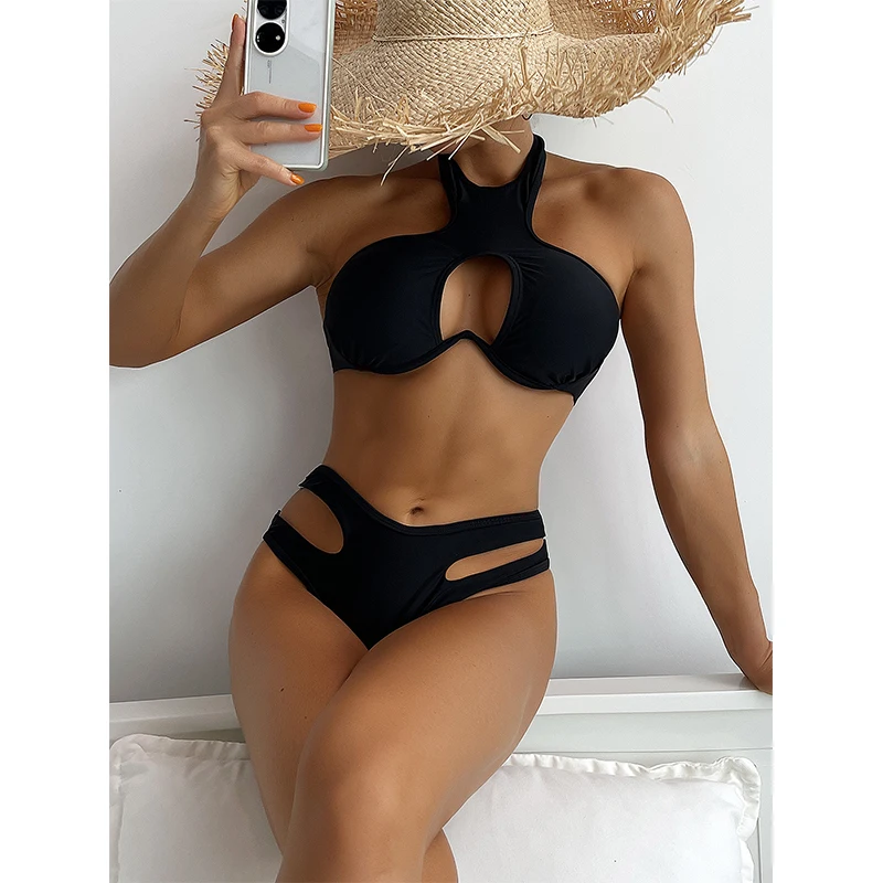 

Mossha halter bikinis black swimsuit bandeau women bathing suits hollow out conjunto biquinis feminino trajes de baño mujer 2022
