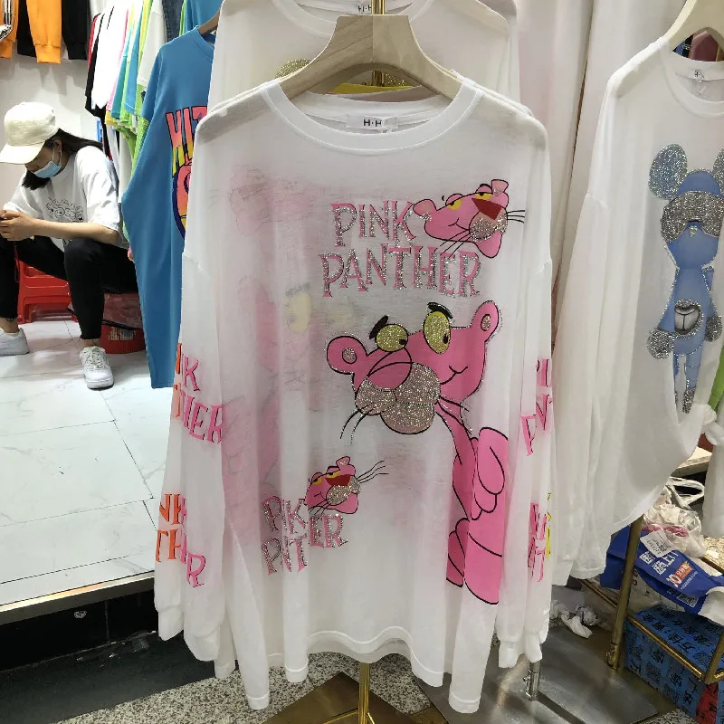 

Summer T shirt women Cartoon Sequins Long Sleeve Tees tops Loose T shirt plus size Spring Ice silk sun protection women clothing
