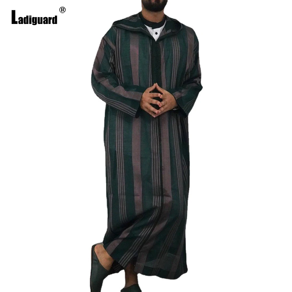 Ladiguard Plus Size Men Muslim Islamic Kaftan Arab Long Sleeve Male Fashion Stripes Thobe Robe Autumn Loose Mens Clothing 2021