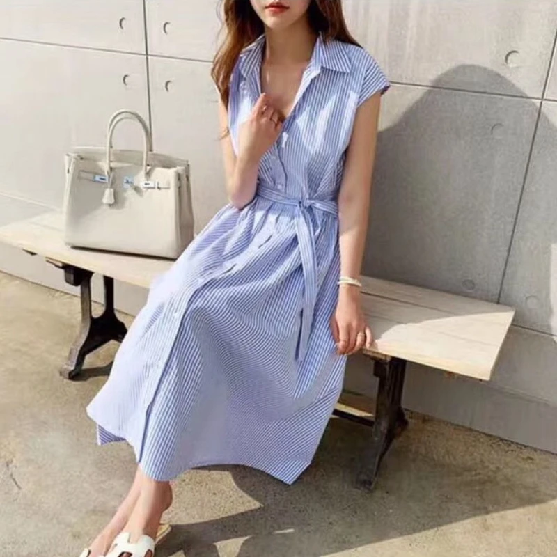 

New Women Summer Shirt Dress Solid Multi Colors Casual Sleeveless Striped Oversize Lace Up Long Dress Women