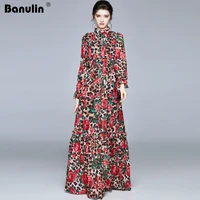 banulin fashion runway long sleeve maxi dresses womens long sleeve leopard rose floral print elastic waist long holiday dress