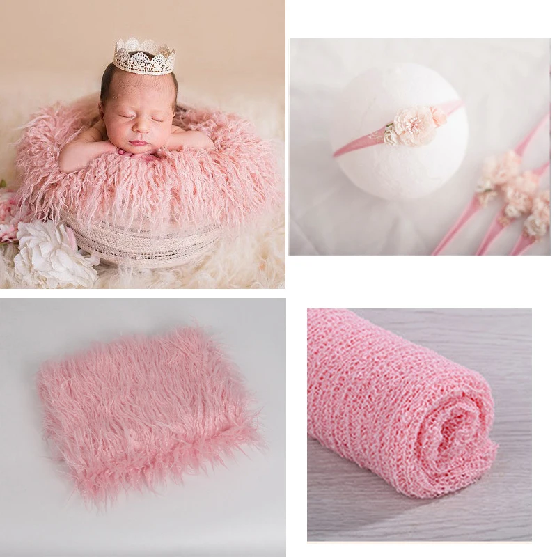 3 Pcs Newborn Photography Props Outfits Baby Stretch Wrap Swaddle Long Hair Blankets Rug Photo Mat with Headbands for Infant