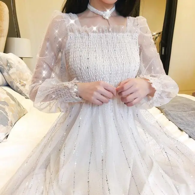 

Элегантное летнее женское платье с блестками, милое Сетчатое ретро платье средней длины с квадратным вырезом для принцессы, женское праздн...