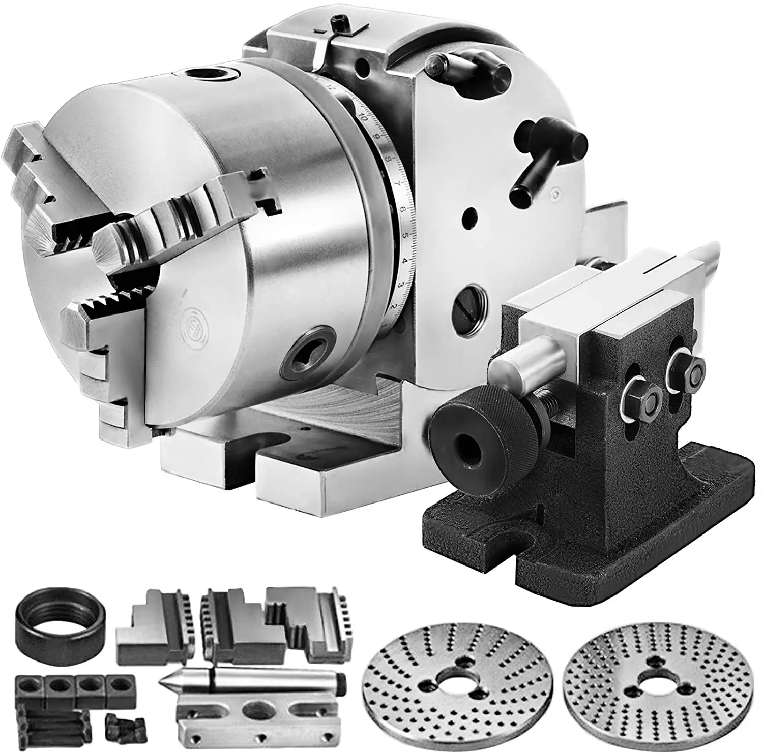 

BS-0 Precision Dividing Head Horizontal Dividing Head with 3-Jaw Chuck MT2 Tailstock BS-0 5" Semi Universal Dividing Head