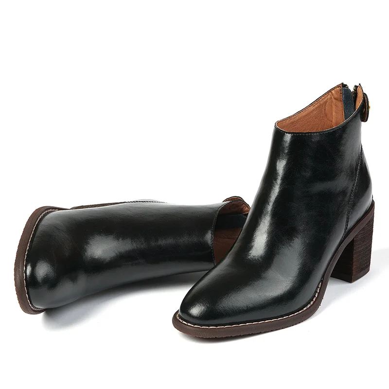 

Vintage genuine leather round toe 5.5cm chunky high heels zipper women winter warm concise cozy daily wear boots MUC11 MUYISEXI