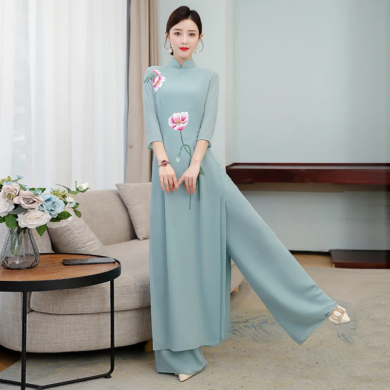 

2021 современный Чонсам aodai Вьетнам aodai комплект qipao длинное восточное платье с воротником-стойкой женское вечернее платье с цветочным принто...