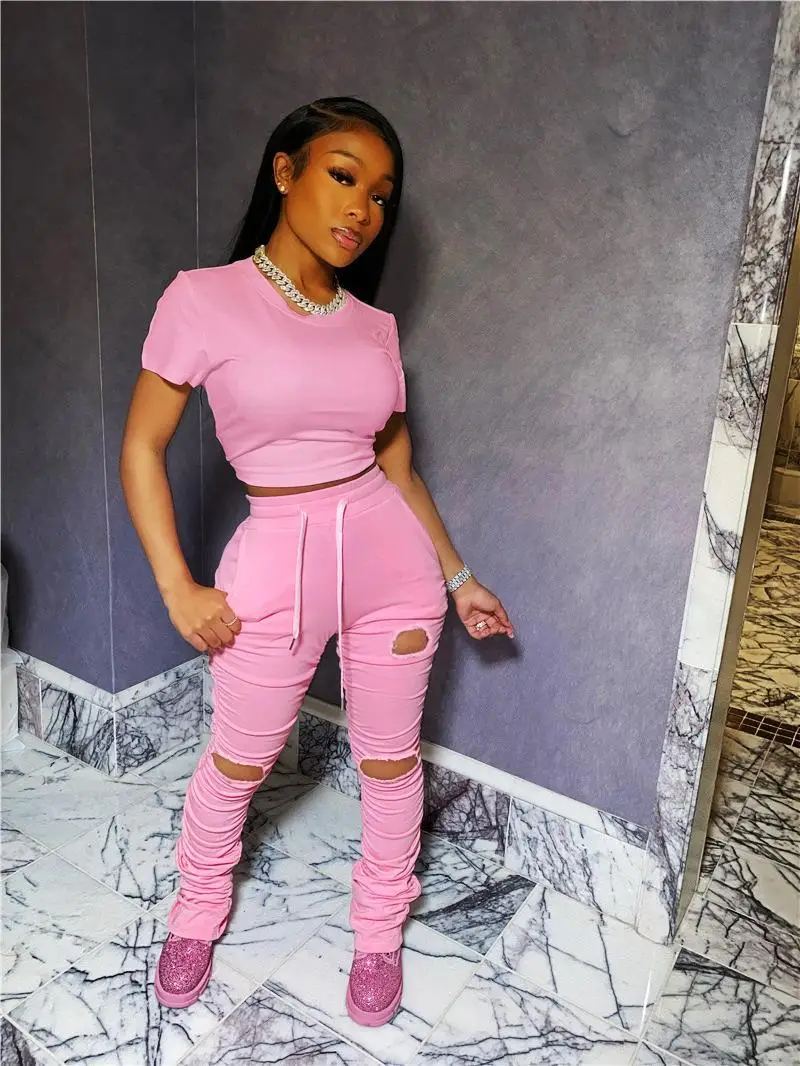 

ZITY Summer Two Piece Set Ruched Pleated Stacked Pants Women Tracksuit Matching Set Hollow Out Skinny Bodycon Club Outfits