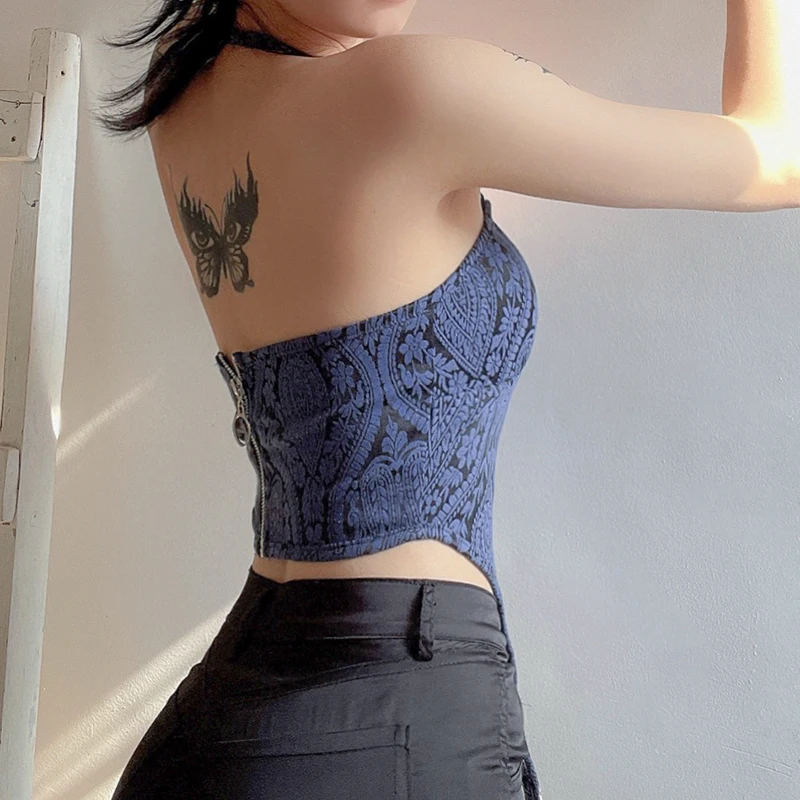 

Waatfaak Spaghetti Strap Halter Top Women Y2K Aesthetic Buckle Purple Backless Crop Top Streetwear Off Shoulder Clubwear Summer