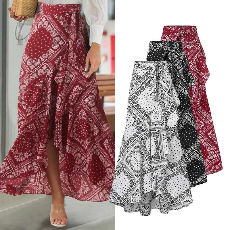 

Bohemian Print Beach Skirts Celmia Women's Ethnic Long Maxi Skirt High Waist Asymmetrical Belted Skirts Casual Ruffles Skirt 7