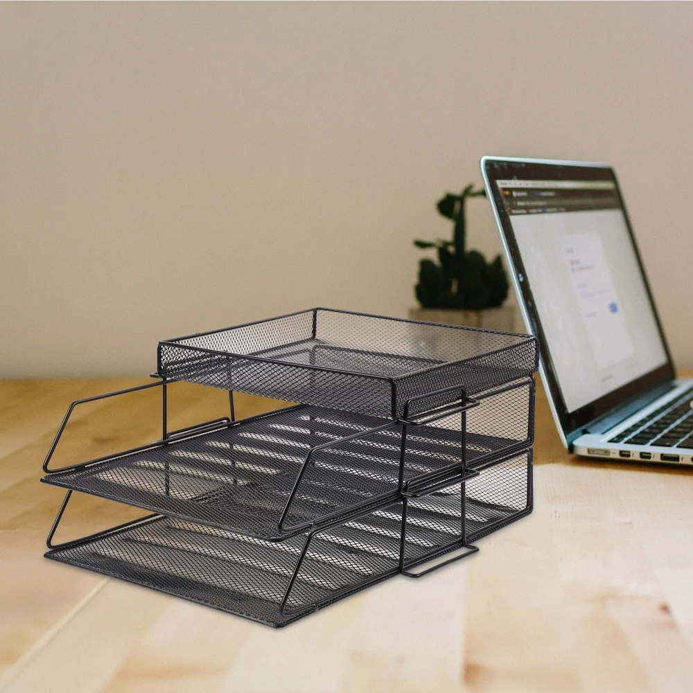 

1Pc Iron Mesh File Shelf Hollow Design File Trays Documents Organizer (Black)