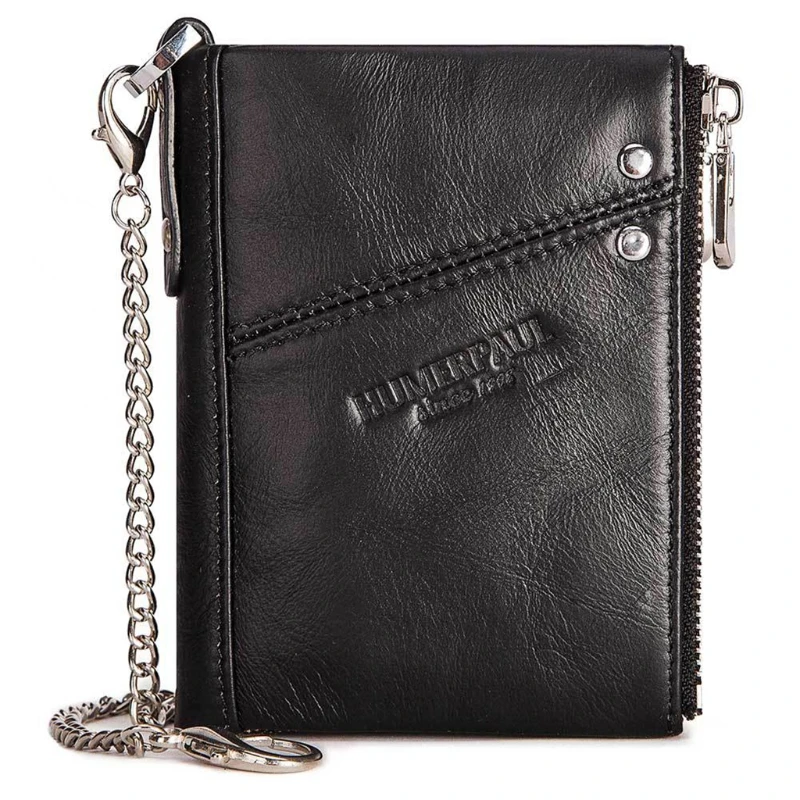 

50LD Men's RFID Blocking PU Leather Bifold Wallet Business Short Purse with Anti Theft Chain