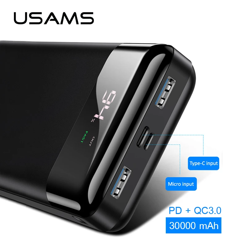 USAMS 3000 мАч Внешний аккумулятор светодиодный дисплей QC 3 0 3A Быстрая зарядка