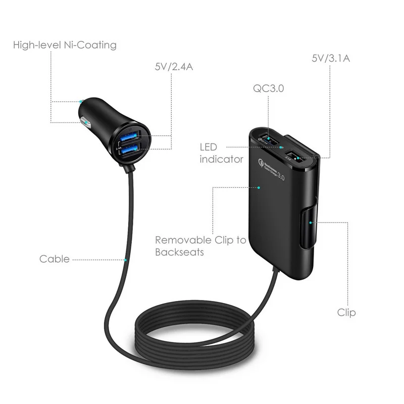 60 Вт 8A спереди/на заднем сиденье 4 порта USB Quick Charge 3 0 Автомобильное зарядное