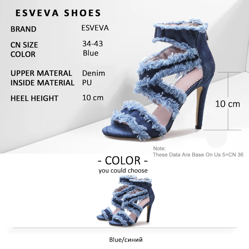 

ESVEVA 2019 Thin Heels Zip Summer Shoes Cross-tied Women Sandals High Heels Denim PU Elegant Sandals Women Shoes Size 34-43