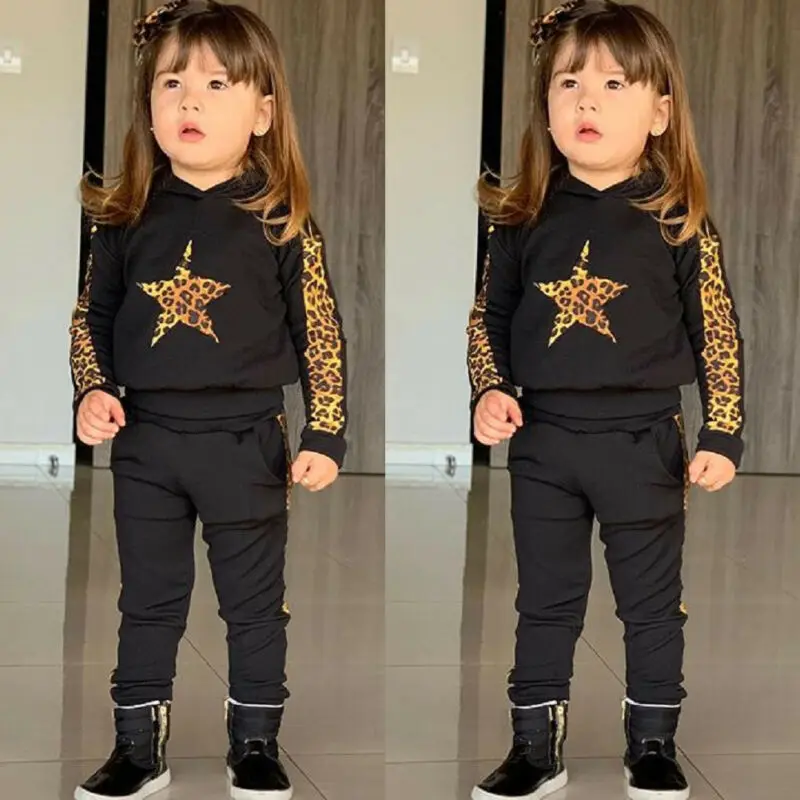 New 1-5T 2019 Fashion Toddler Kid Baby Girl Clothes Sets Long Sleeve Hooded Leopard Top Sweatershirt Pants Autumn Outfit | Детская
