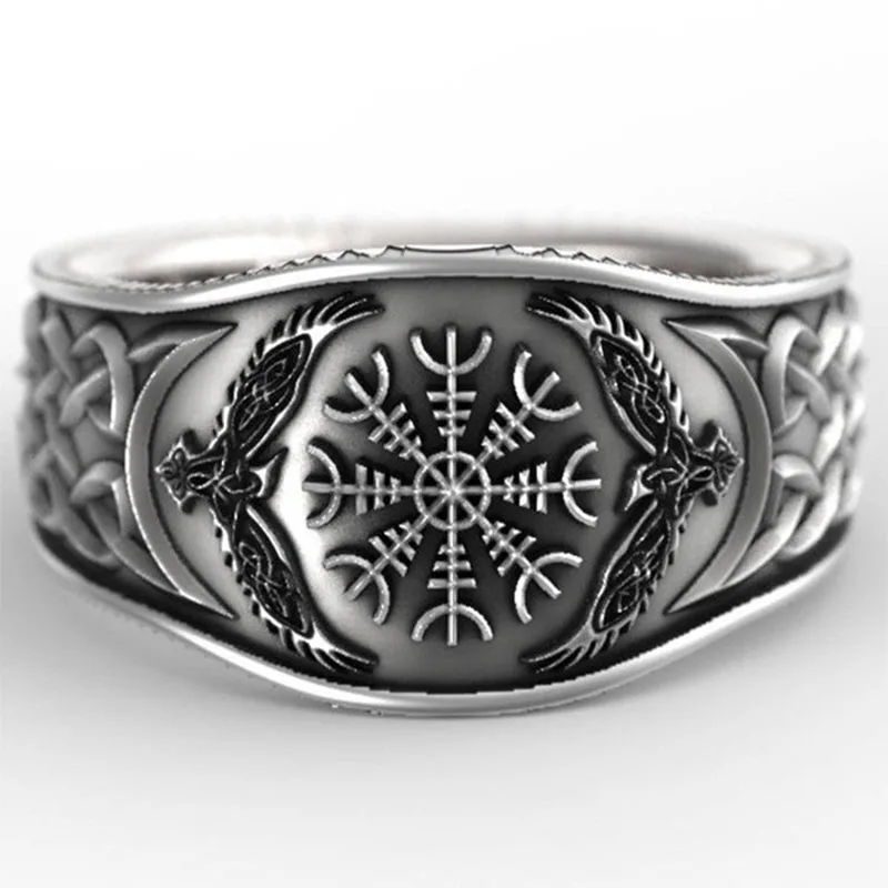 

Men's Fashion Norse Mythology Story Viking Celtic Compass Vintage Graffiti Plated Ancient Silver Ring Size 7-13