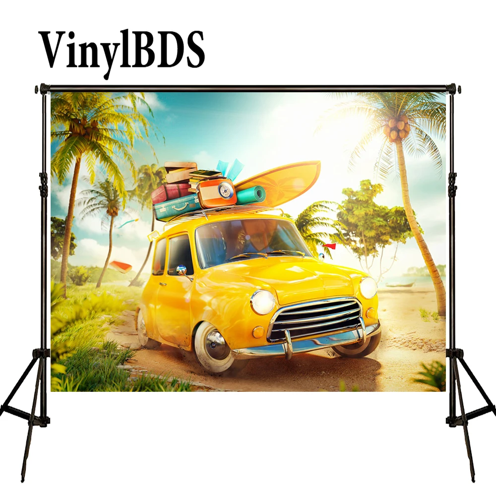 VinylBDS летний фон для путешествий желтый автомобиль багажник солнце пляж