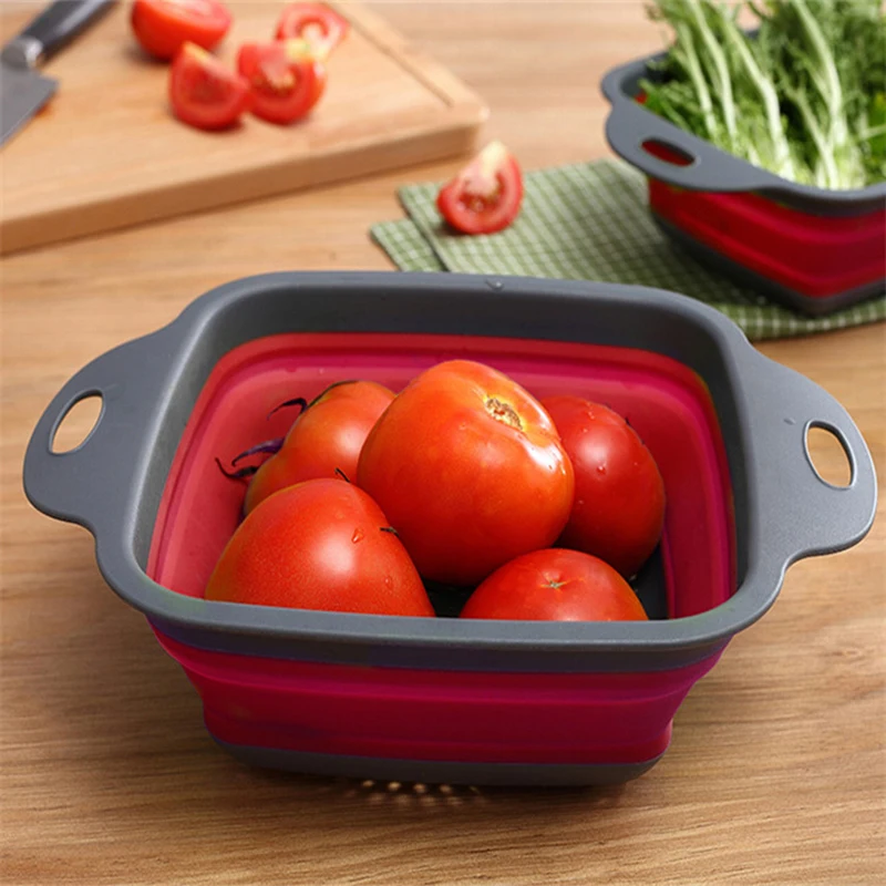 

Kitchen Tools Square Foldable Fruit Vegetable Washing Basket Strainer Portable Silicone Colander Collapsible Drainer With Handl