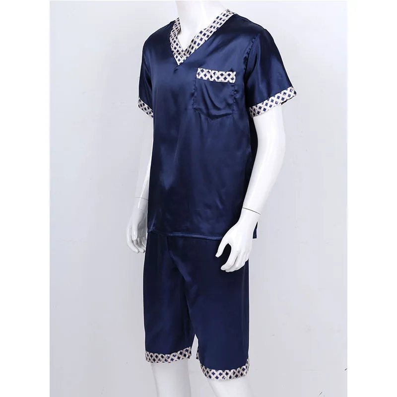 Men Satin Plaid Pajamas Sets V Neck Short Sleeve Pocket T-Shirt Tops with Shorts Leisure Wear Home Clothing Sleepwear Nightwear