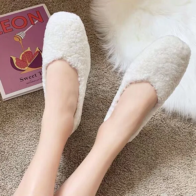 Пушистая обувь Женские Простые и удобные меховые туфли на плоской подошве с