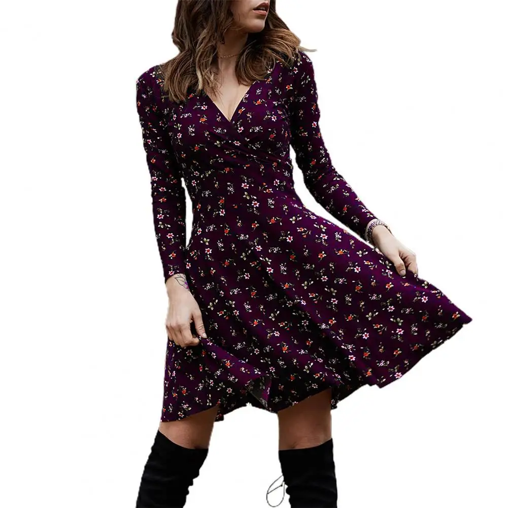 

Women Deep V Neck Long Sleeve Waist Tight Large Hem Floral Print Mini Dress