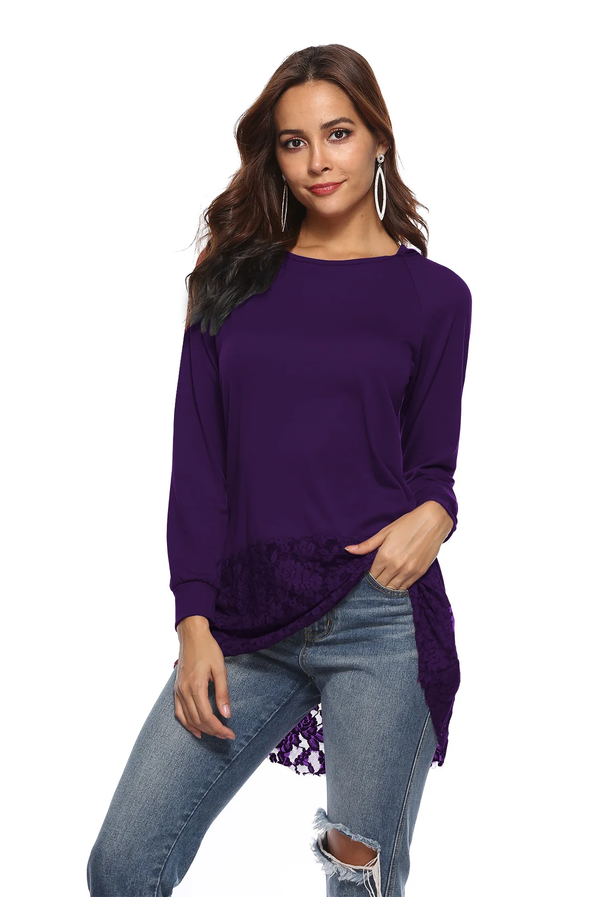 Новая весенняя женская футболка с капюшоном популярная Кружевная длинным