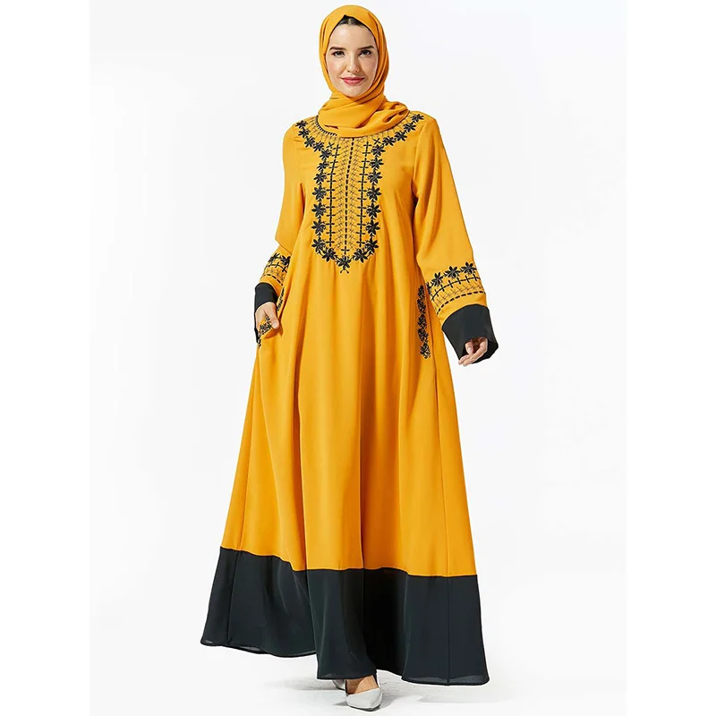 

Middle Eastern dress fashion women's embroidered pocket long dress Abaya Muslim national style clothing long sleeve dress