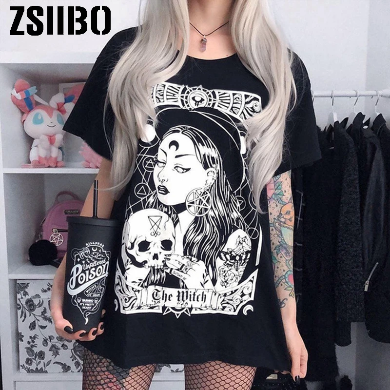 Готический стиль Женские футболки свободные black rock Harajuku Прохладный светильник