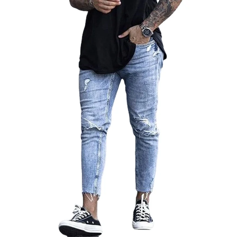 

Мужские джинсы и брюки до щиколотки, повседневные Модные Узкие рваные Стрейчевые брюки-карандаш, светло-голубые джинсы, уличная одежда, диз...